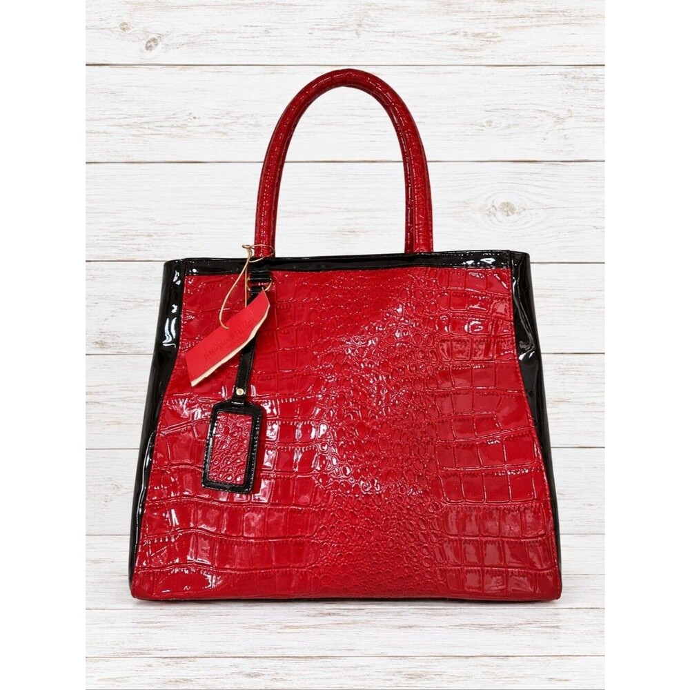 Elizabeth Arden Red Faux Croc Black Patent Leather Dual Handle CExpandable Tote